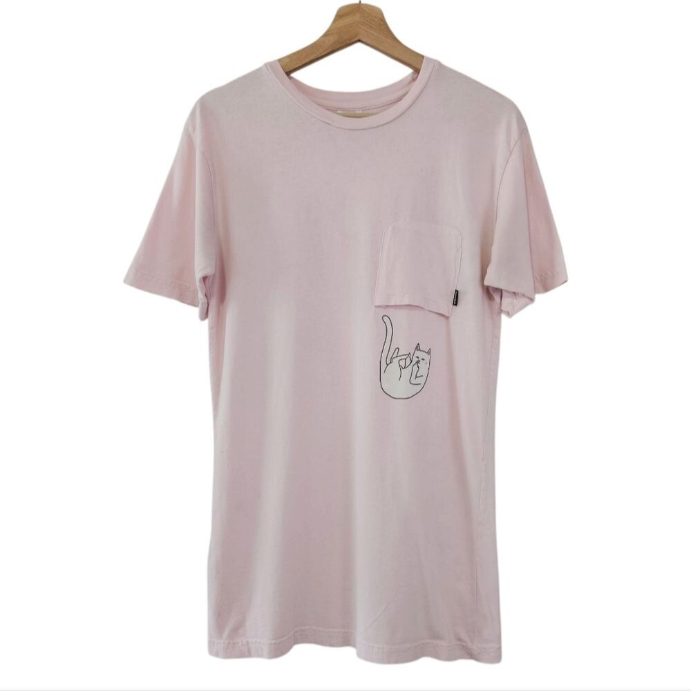 Rip N Dip Light Pink Displeased Cat Upside Pocket Tshirt Tee size medium
